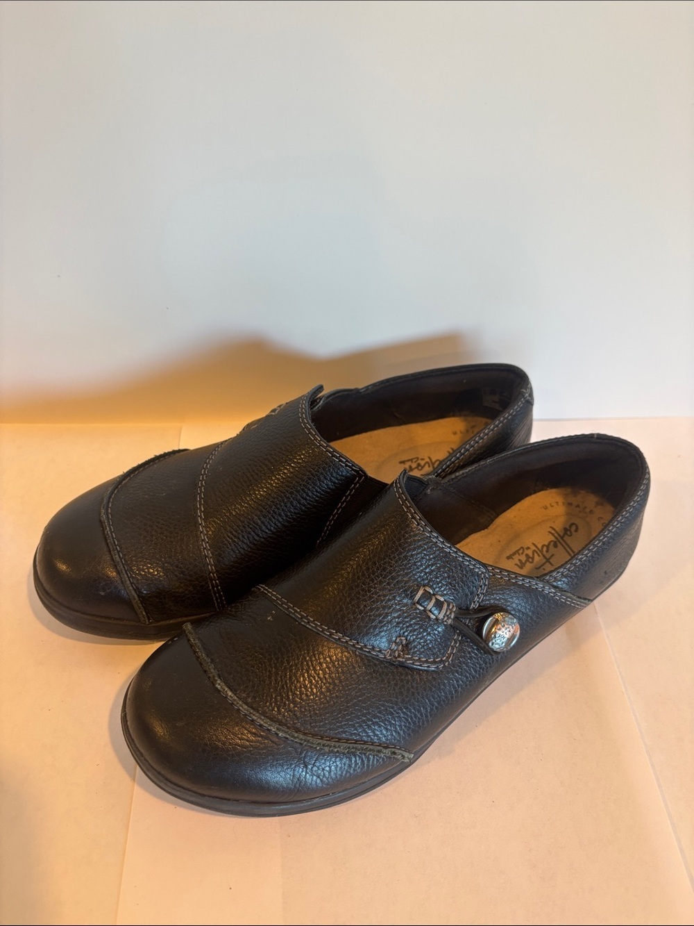 Clarks Black Leather Slip-On Dress Shoes with Decorative Button